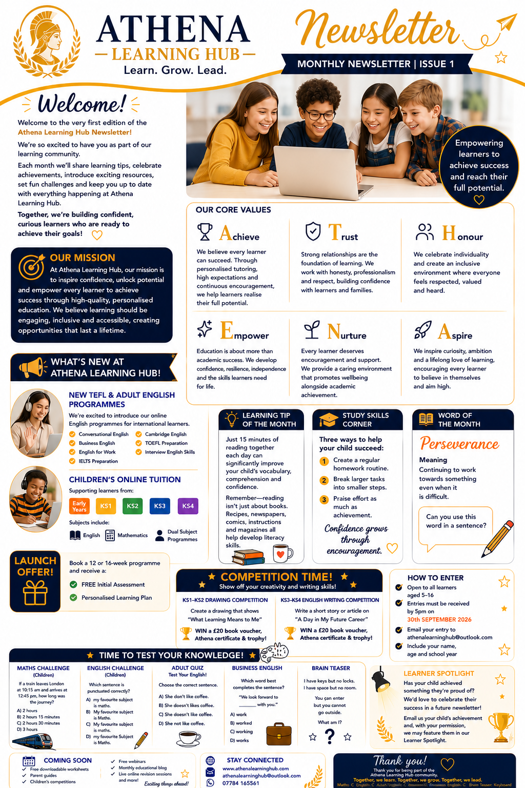 Athena Learning Hub Monthly Newsletter, Issue 1 — a welcome message, core values, learning tips, competitions and quizzes.