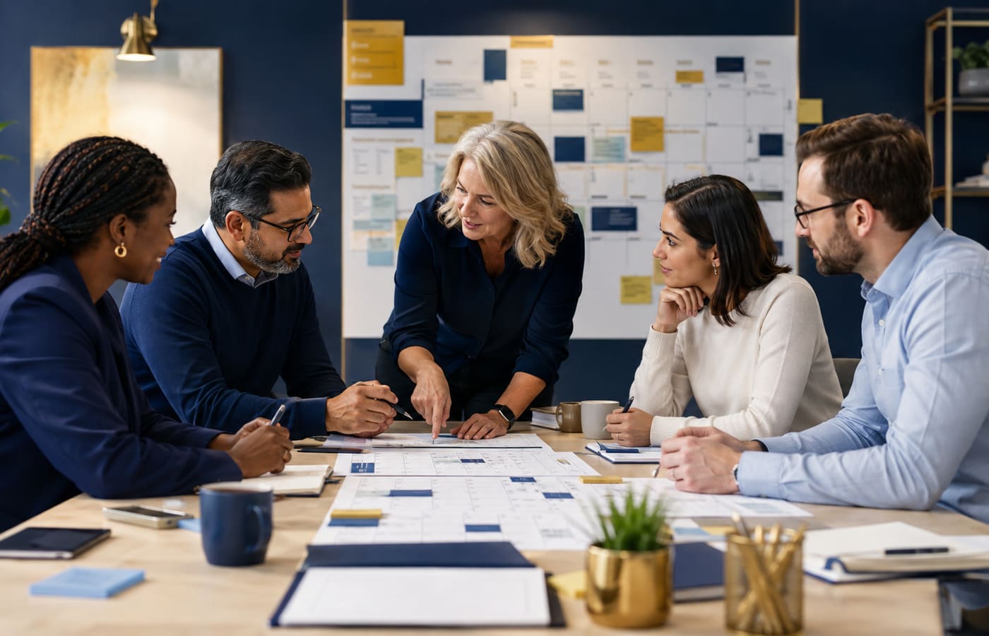 A practice team meeting around a table, reviewing plans together.