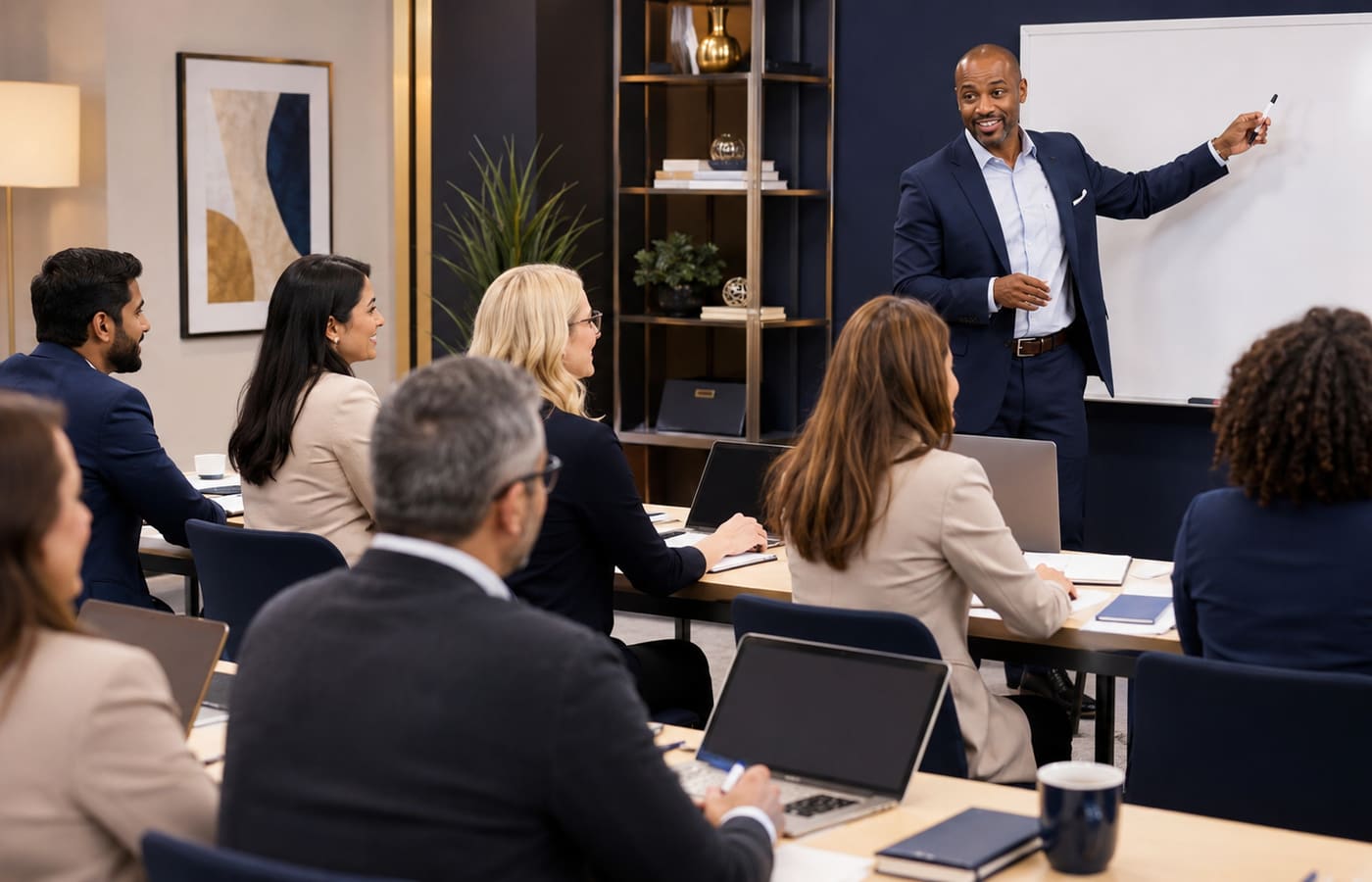 A facilitator leading a training session for a room of professionals.