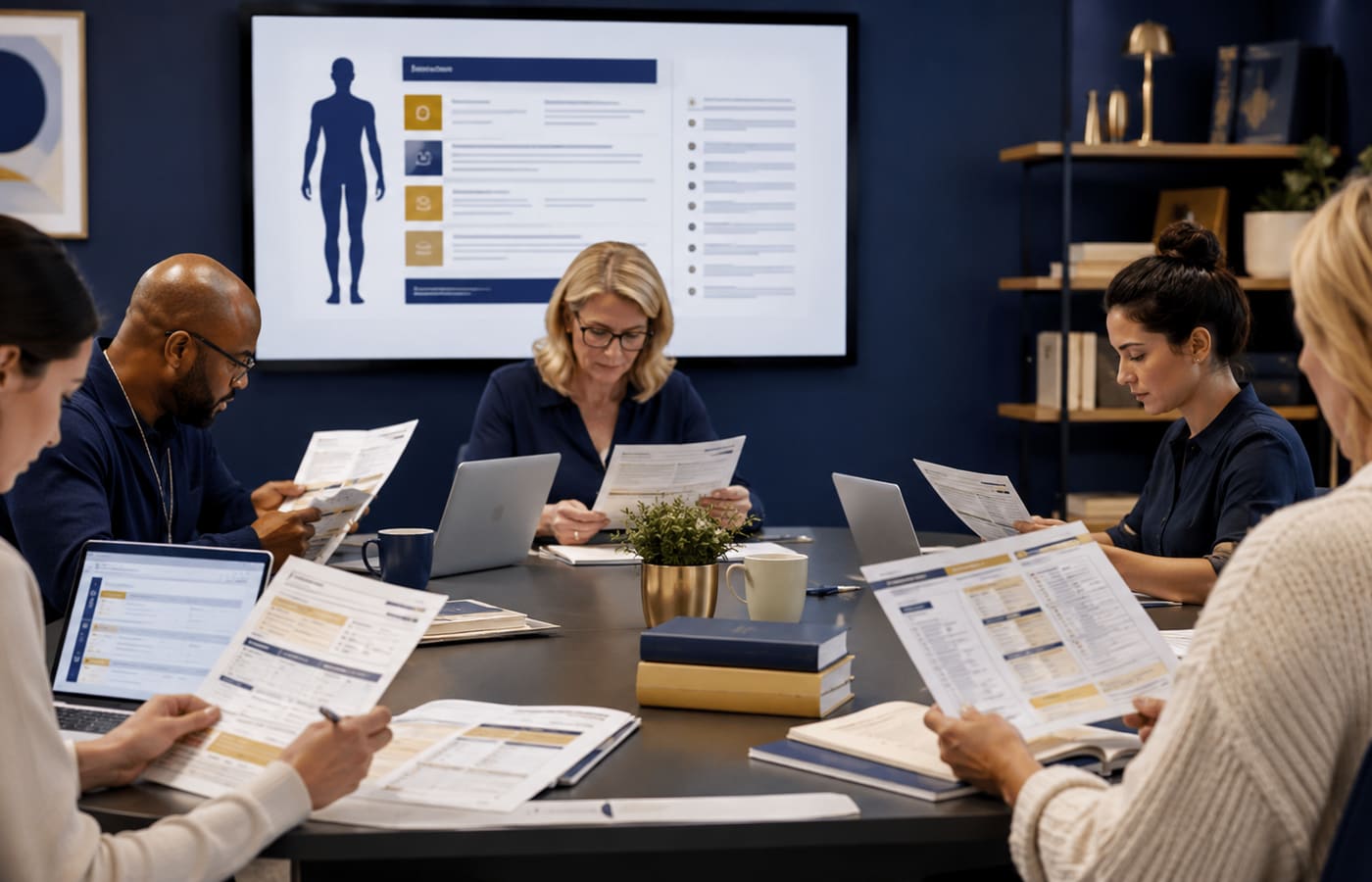 A healthcare administration team reviewing documents together in a meeting room.