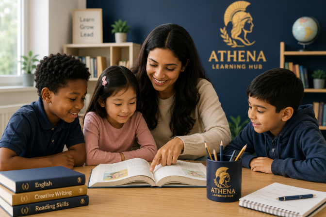 An Athena tutor reading a book with three smiling young learners at a table with English, Creative Writing and Reading Skills books.