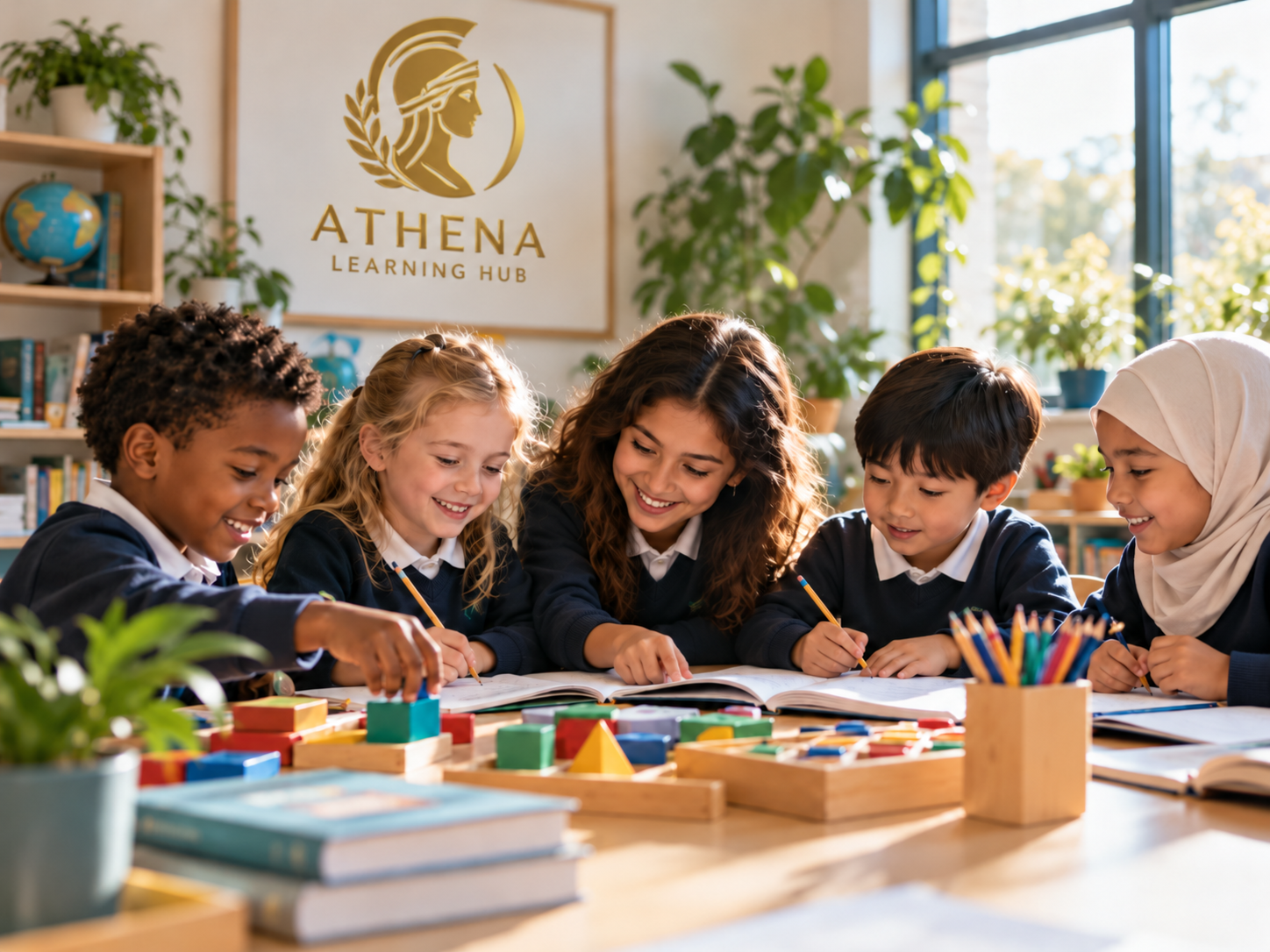 Smiling young learners reading and writing together around a table of books and learning blocks beneath the Athena Learning Hub logo.