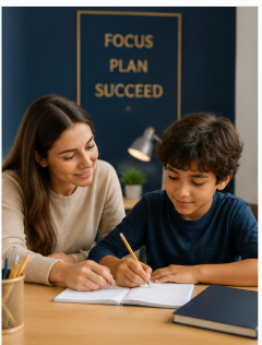 A tutor supporting a young learner with written maths work one to one.