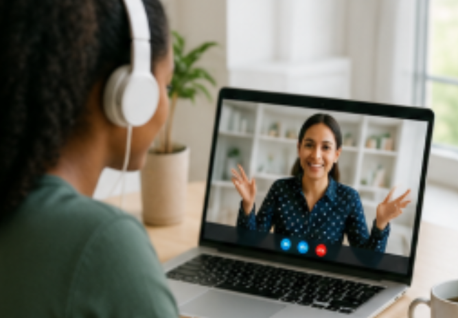A learner in headphones joining a live online lesson with a tutor on a laptop.