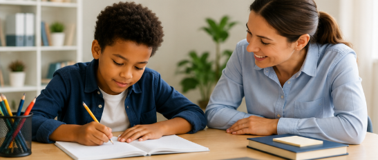 A tutor supporting a young learner with handwriting practice one to one.